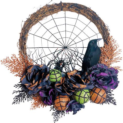 Halloween-Türkranz mit Rabenmotiv, schwarzen Rosen und Dekokugeln, Türgirlande, Veranda-, Fenster-, Innen- und Außendekoration (1/4)