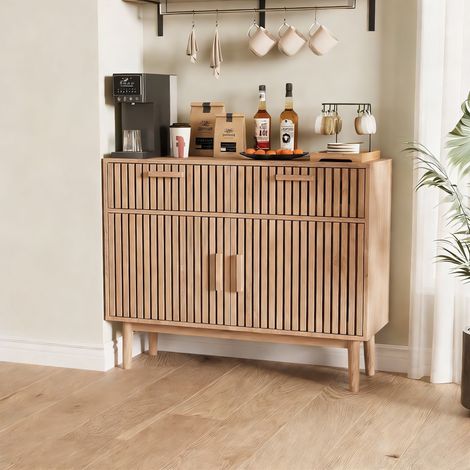 Buffet moderne, 100x35x80cm, 2 portes et 2 tiroirs, pour la salle à manger, salon, cuisine, Couleur naturelle