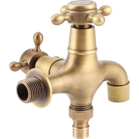 Grifo de dragón vintage, grifo de lavabo de latón antiguo con doble caño, grifo de agua fría y caliente para jardín exterior, lavadero, baño, lavadora y cocina. (1/5)