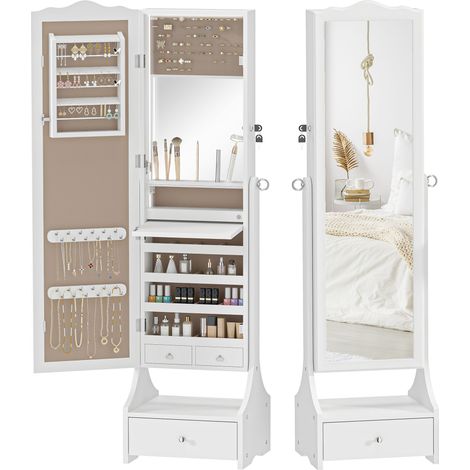 Miroir à bijoux LED avec éclairage, armoire à bijoux pliante, miroir orientable 360°, tiroirs de rangement, table d'intérieur blanche (1/5)