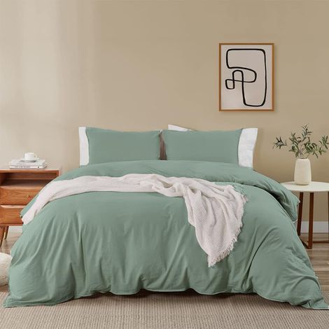 Lot de 2 parures de lit, vertes, en microfibre infroissable - Housse de couette de 200 x 200 cm avec taie d'oreiller de 80 x 80 cm - Avec fermeture éclair (1/5)