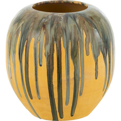 Cachepot peint effet céramique multicolore lignes artistiques - Jaune moutarde lignes vertes bleutées