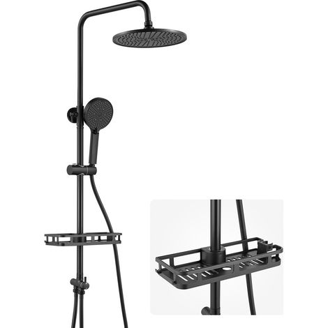 AURALUM MAX 2-Funktionen Edelstahl Duschsystem mit 4-Modi-Handbrause, runder Kopfbrause, Regal und Höhenverstellbar Duschstange, Schwarz