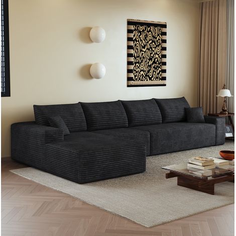 Divano angolare modulare 340 cm con chaise longue, tessuto a coste nero, senza montaggio DESVIAE (1/5)