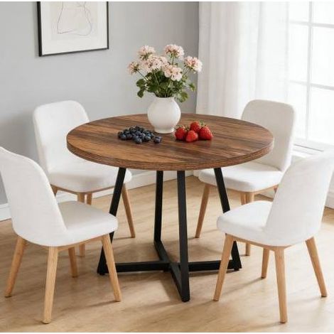 Tavolo da pranzo rotondo 80 cm stile industriale in MDF e metallo marrone rustico e nero DESVIAE (1/5)