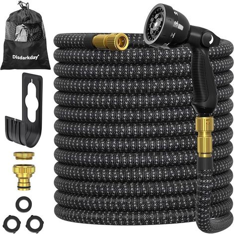 Manguera de jardín extensible de 30 m/100 pies, con adaptadores de 1/2" y 3/4", 10 modos de riego, látex duradero de triple capa con accesorios y bolsa, color negro.