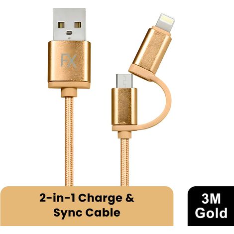 FX 2 in 1 Braided USB Charge & Sync Cable 3m Fast Charging - Gold (1/5)