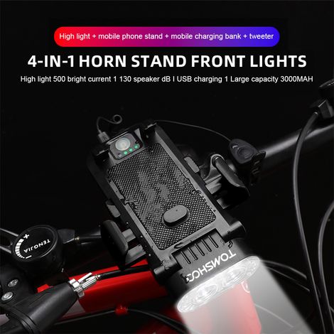 TOMSHOO Fahrradbeleuchtungsset mit Vorder- und Rücklicht, Hupe, externem Akku und Handyhalterung.
