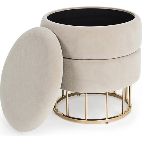 Runder Puff Hocker "Pavlina" mit Stauraum, Messingfuß, Samt Sitz modernes Mobiliar -Beige (1/5)