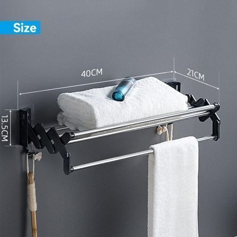 Porte Serviette Mural de Salle de Bain sans Percage, Porte-Serviettes de Mural Adhesif de Pliable, avec 2 Crochets 40cm Porte-Serviettes Extensible, pour la Salle de Bain et la Cuisine (40cm) (1/5)