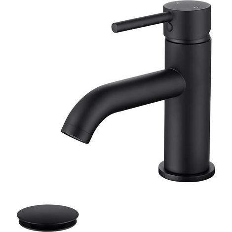 Robinet de salle de bain noir à poignant unique avec bonde et rosace en métal, noir mat (Noir mat-JO1) (1/5)