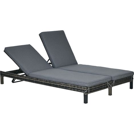 Chaise longue double polyrotin 2 places dossier 5 positions 196x120x28 cm transat luxe jardin métal rotin gris relax