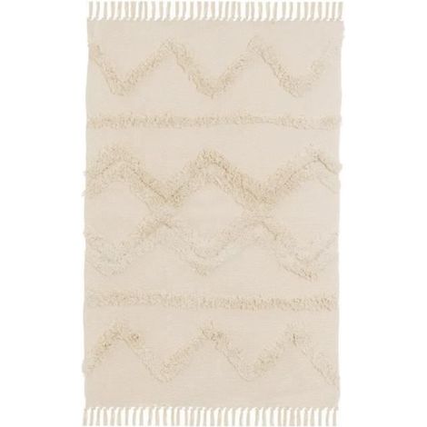 Tapis rectangulaire - JUANIO - Tapis à franges avec pompons - 50% Coton/50% Polyester - Imprimé beige - 180 x 120 cm (1/3)