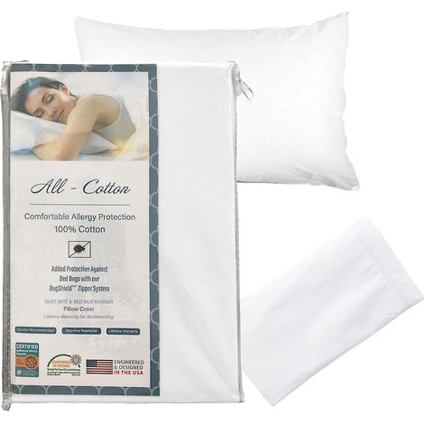 Protège-Oreiller 100 % Coton avec Fermeture éclair – Grand lit – Blanc – 300 Fils au Pouce carré – Taie d'oreiller avec Fermeture éclair (1/5)