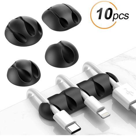 Clips para cables, sujetacables, organizador de cables multiusos para escritorio, cables de alimentación, cables de carga USB, cargadores, cables de audio, 10 piezas, negro (1/5)