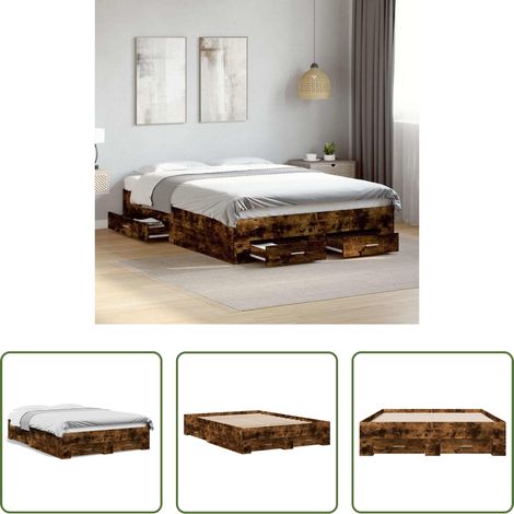 vidaXL Bois d'ingénierie - Cadre de lit avec tiroirs sans matelas chêne fumé 135x190 cm (1/5)