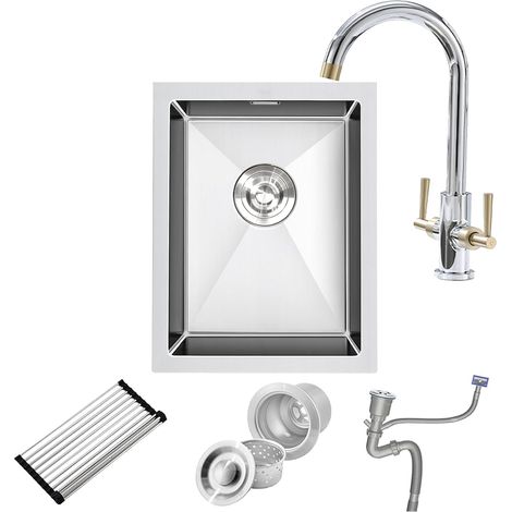 Petit Évier de Cuisine Inox 35 x 45 cm, 1 Bac avec Robinet Double Poignée Eau Chaude et Froide, Pose Sous Plan ou Sur Plan, Finition Brossée – Inclut Bonde, Trop-plein et Kit de Vidange (1/5)