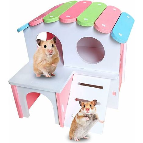 Maison en Bois pour Hamster,Cabane pour Petit Animal de se Cacher, Équipé de l’échelle, Cabane de Deux Étages pour Hamster, Chinchilla, Chat, Gerbille et Souris (Rose) (1/5)