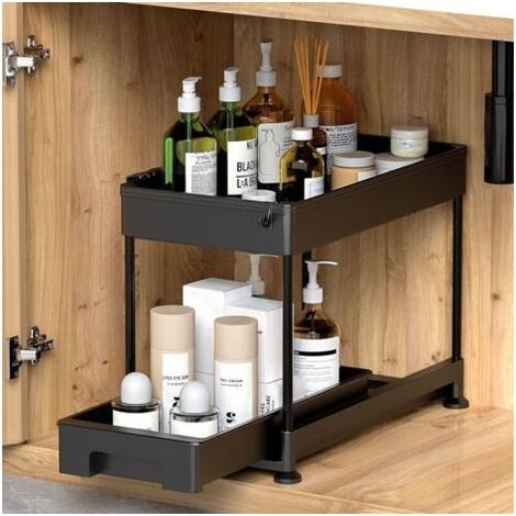 Rangement sous évier Cuisine à 2 Niveaux avec Tiroir Coulissante, étagère de rangement multifonction avec crochets pour cuisine, salle de bain, buanderie, noir (1/5)