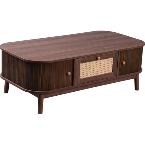 Table basse en rotin - table basse en rotin, tiroirs en rotin et portes coulissantes avec lattes en bois massif, pieds en bois massif, style campagnard naturel. (1/5)
