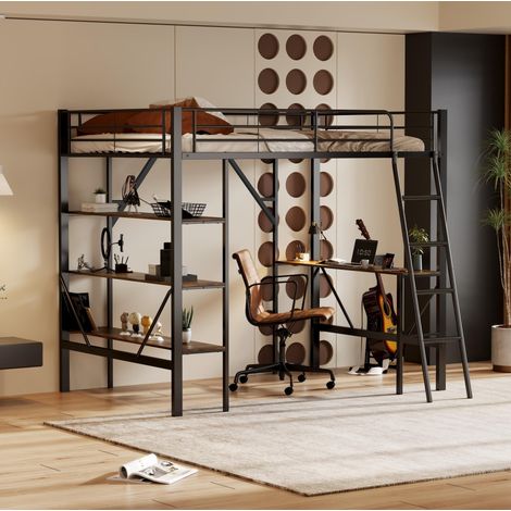 Hochbett mit Schreibtisch 90x200 Metall Schwarz OKMYHOME (1/5)