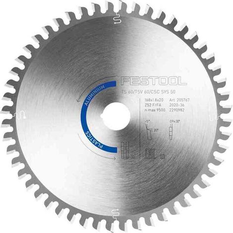 Festool 205767 Saw Blade Aluminium/Plastics HW 168 x 1.8 x 20 F/FA 52 for TS60 K, TSV 60 K, CSC-SYS 50 (1/2)