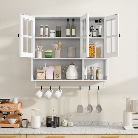Armario de pared de MDF blanco con vidrio templado, 3 puertas, hueco abierto y toallero (1/5)