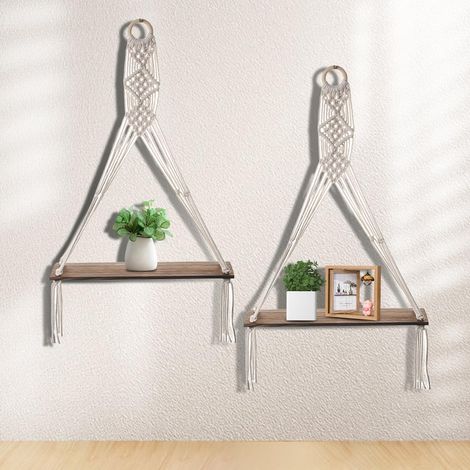 Lot de 2 étagères murales en bois macramé tissées à la main - Décoration murale bohème - Étagère suspendue en bois flotté naturel tissé à la main (1/5)