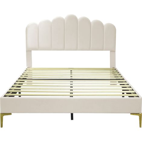 Cama tapizada doble 140 x 200 cm en terciopelo beige con cabecero ajustable y somier de láminas (1/5)