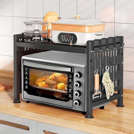 Étagère Micro-Ondes Extensible Noire, Support Réglable en Acier Carbone, Rangement Cuisine Plan de Travail, Support Robuste pour Four (1/5)