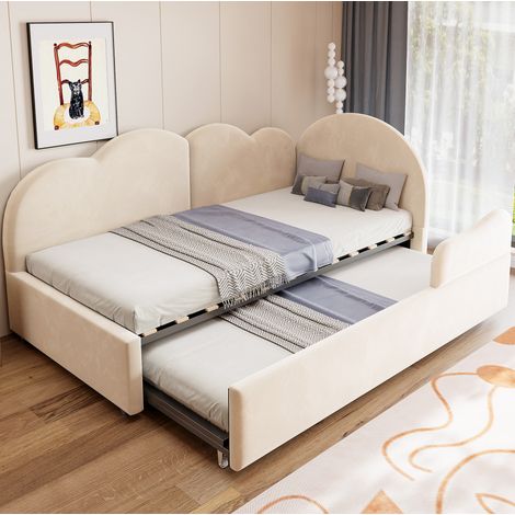 Divano letto con letto estraibile a L 90x200 cm, testiera nuvola, velluto, trasformabile in 180x200 cm - beige (1/5)