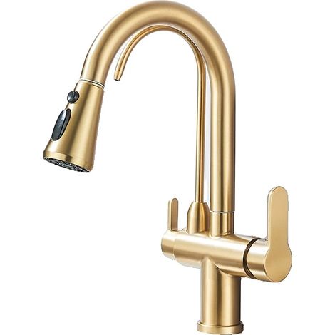 Grifo de cocina, doble manija, caño giratorio de 360 grados, acabado en oro cepillado. (1/2)