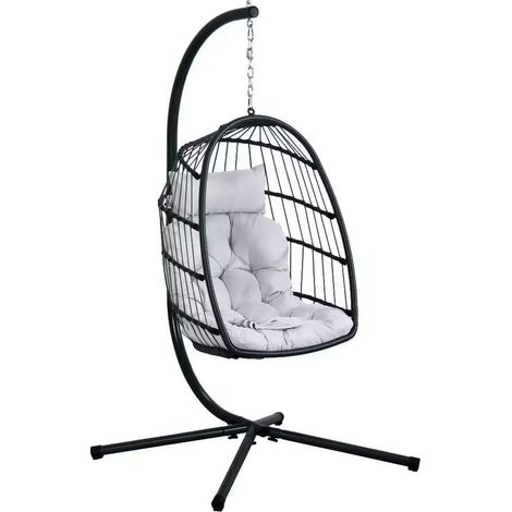 Poltrona Sospesa Amaca a Uovo 105x95x195 cm Gaia in Rattan e Corda Nero