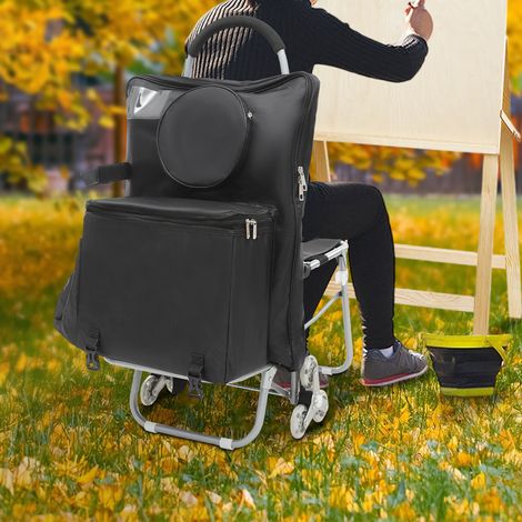 Multifunktionaler Transportwagen für Kunststudenten, mit Sitz und Treppenlift, zusammenklappbar, mit großen Rädern, tragbar (mit Stauraum) – Schwarz (1/5)