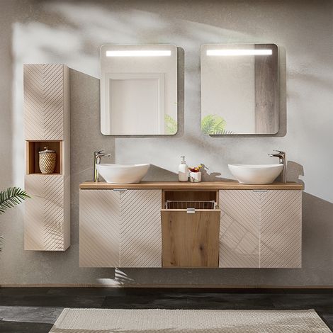 Ensemble meuble double vasque 160cm 4 portes panier à linge miroirs LED et colonne Manoa Cachemire et Bois (1/5)