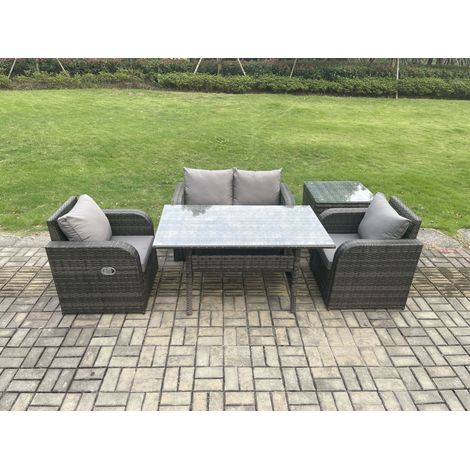 Fimous Outdoor Rattan Garden Furniture Lounge Sofa Set With Oblong Rectangular Dining Table 2 PC Reclining Chair Side Table (1/5)