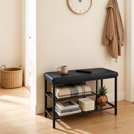 Banc à chaussures avec assise 80x30x50 cm métal et simili cuir noir gain de place entrée - CHICFURN (1/5)