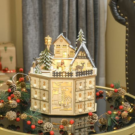 Adventskalender aus Holz 2025 mit 24 Schubladen – Dekoratives Schloss mit LEDs und Weihnachtsmusik – Wiederverwendbarer Weihnachtskalender für Zuhause/Büro – Weihnachtsgeschenk