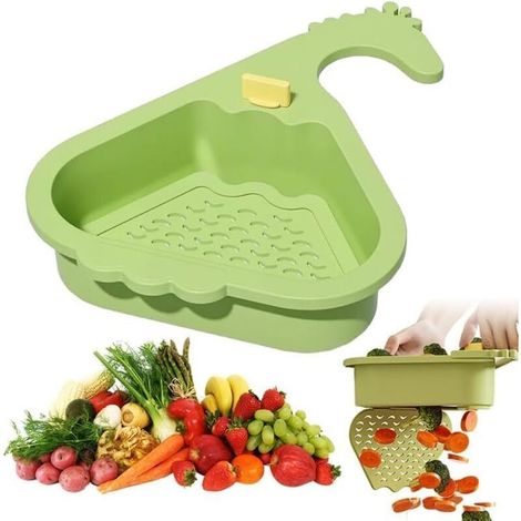 Panier D'évier 2025,Filtre D'Angle à Vidage Automatique Améioré 2025 Avec Porte-éponge, Passoire Automatique Pour évier D'Angle, Compartiment De Rangement Pour Aliments (Vert)