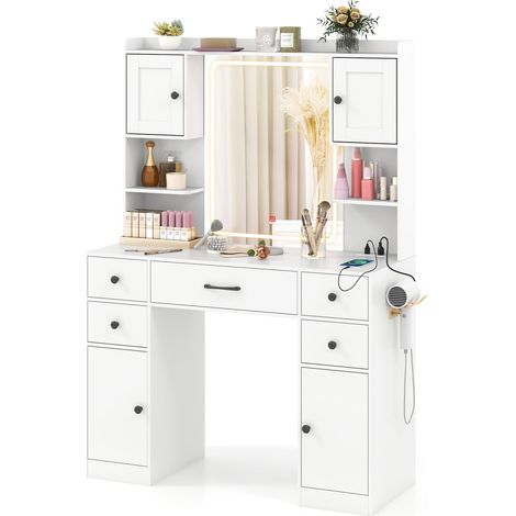 COSTWAY Makeup Vanity Desk Dressing Table w/Charging Station& Mirror-White (1/5)