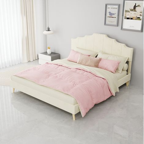 Bett modern 160x200 cm, beige Stoff & Metall, mit geometrischem Kopfteil und Lattenrost (1/5)