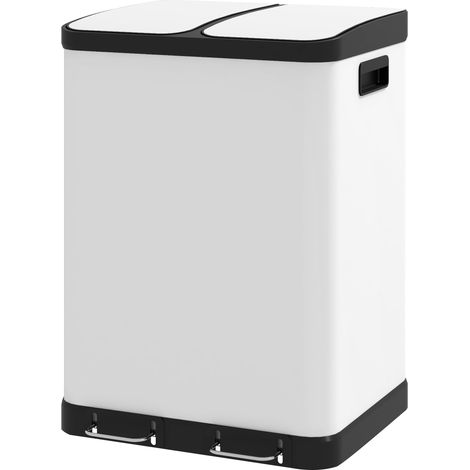 Küchenabfalleimer, 2 x 30 l, Edelstahl, weiß Doppelkammer-Abfalleimer, 60 l Gesamtfassungsvermögen, mit Fußpedal Deckel mit Soft-Close-Funktion
