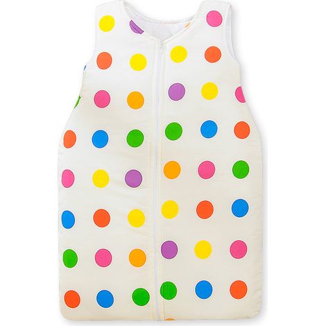 Saco de dormir de algodón para niños, talla M, de 6 a 12 meses, TOG 2.5, aislante para todo el año, con coloridos lunares sobre fondo crudo. (1/3)