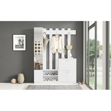 Ensemble vestiaire 13525180cm avec miroir, meuble d'entrée, étagère suspendue, compact, avec 2 chaussiers à portes rabattables + 2 armoires de rangement, adapté aux passages de porte et couloirs, Blan (1/5)