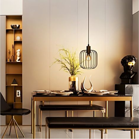 Suspension lumineuse en métal noir forme cage, douille E27, style industriel (sans ampoule)