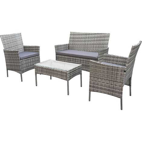 Svita – Ensemble de salon de jardin 4 pièces – Canapé en polyrotin gris – Table avec plateau en verre – Fauteuils avec coussins déperlant