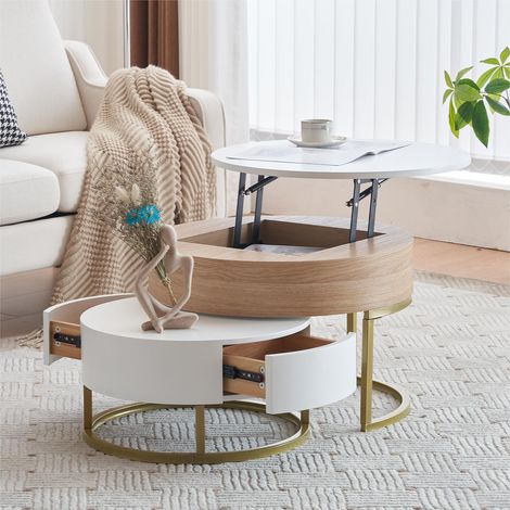 Modernluxe – Lot de 2 tables gigognes révèlables en MDF naturel – 2 tiroirs – Dimensions 70x70x42-56.5 cm et 60x60x42 cm – Rangement pratique intégré (1/5)