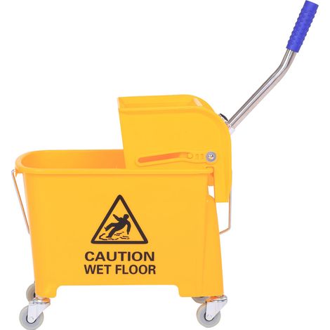 Seau jaune 20 litres avec essoreuse, poignée et roulettes, en plastique robuste pour nettoyage. (1/4)