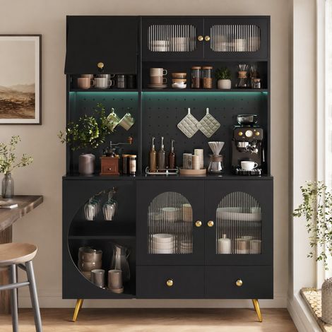 Aparador 120x40x176 cm en madera, negro, con almacenaje, para cocina y salón FloraGrace (1/5)