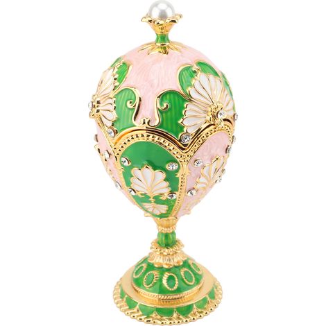 Boîte à bijoux en forme d'œuf de Pâques, peinte à la main avec strass décoratifs, en alliage émaillé à charnière, pour bagues et colliers. Vert et rose. (1/5)